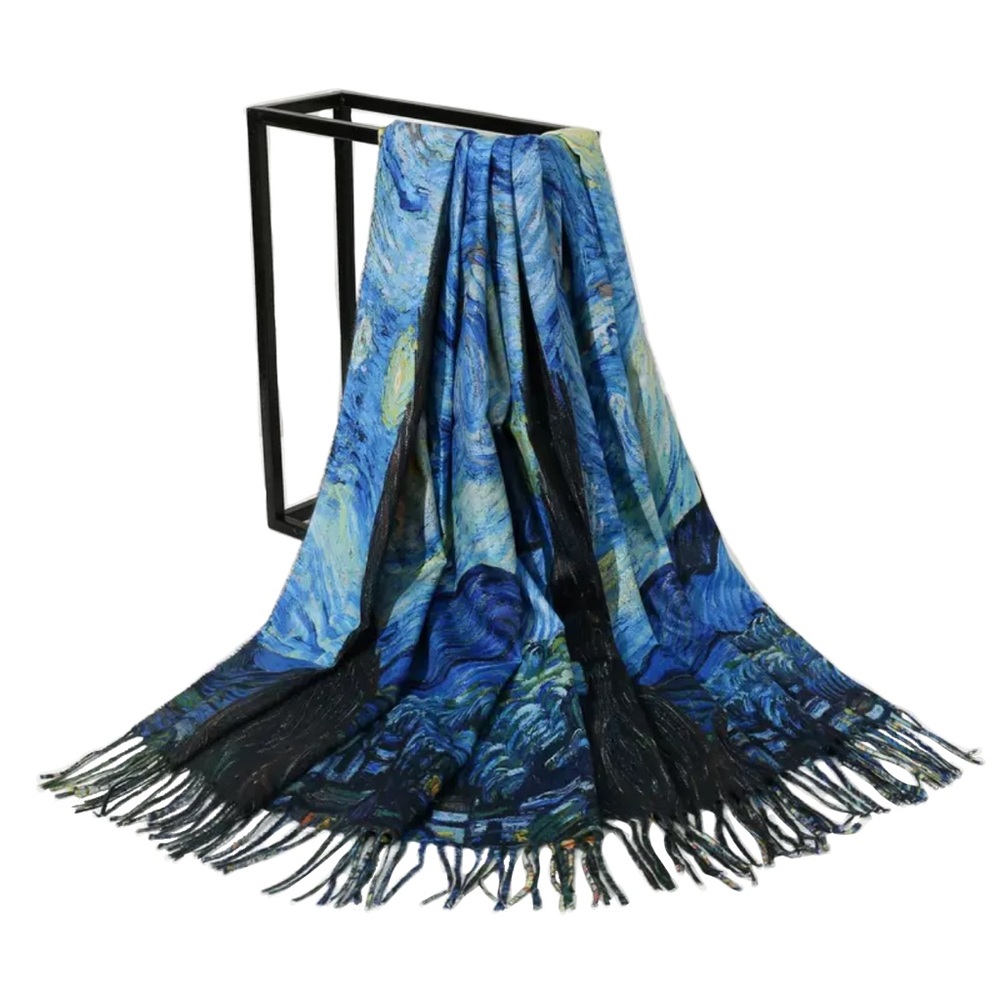 Can Gogh Starry Night / Café Terrace Painting Soft Faux Cashmere Scarf w Fringe